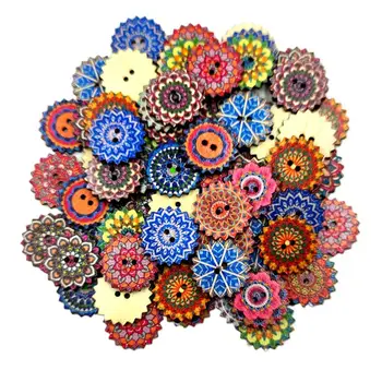 Paket 100 kozarcev Cvetje Naslikal Pisane Gumbi DIY Leseni Gumbi za Oblikovane Gumbe, Bohemia Slog Krog Gumbi za Obrt