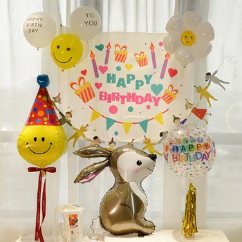 Otroški rojstni dan v ozadju stene krpo balon postavitev fantje in dekleta otroka rojstni dan scene postavitev odlikovanja