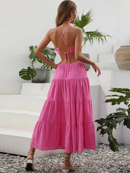 Roza Povodcem Dolge Obleke za Ženske Backless Split Seksi Žensk\ \ 's Poletno Obleko Elegantne Večerne Obleke Ženska Elegantna A-Line Vestidos