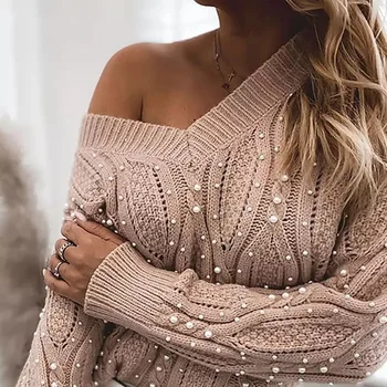 Pulover ženske 2021 jeseni, pozimi nov slog Evropski in Ameriški seksi twist Proti-vrat puloverju beaded dolgimi rokavi pulover ženske