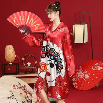 Tiskanje Nightgown Saten Spanja Rokavi Ženske Kitajski Slog Sleepwear Nightdress Priložnostne Intimno Perilo, Homewear Kimono Plašč Obleke