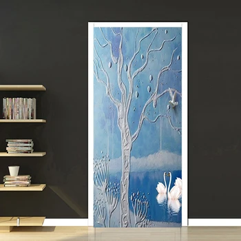 Evropski Stil Modra Swan Lake Drevesa 3D Vrata Nalepke za Spalnico, Kopalnico Dekoracijo Sten Nepremočljiva PVC samolepilne Foto Zidana