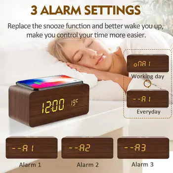 Lesene Digitalna Budilka s Qi Brezžično Polnjenje, 3 Nastavitve Alarma, Zvočni Nadzor, Les LED Ure za Spalnico, Otroci